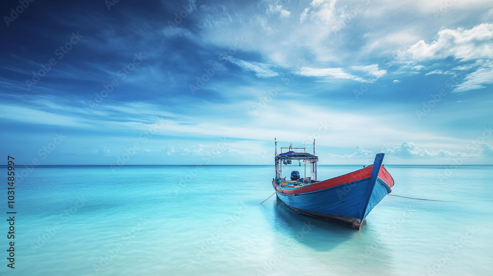 Fototapeta premium tranquil blue sky seascape with a lonely boat in the turquoise water