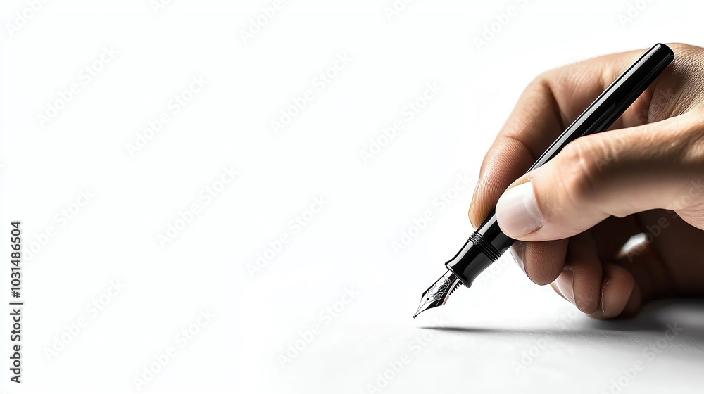 A hand holding a fountain pen, poised to write on a blank sheet of paper, isolated on a white background. A hand holding a fountain pen, poised to write on a blank sheet of paper, isolated on a white background.