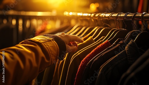 A hand reaching for clothes on a rack during golden hour, showcasing the beauty of fashion and choice in a warm light. photo