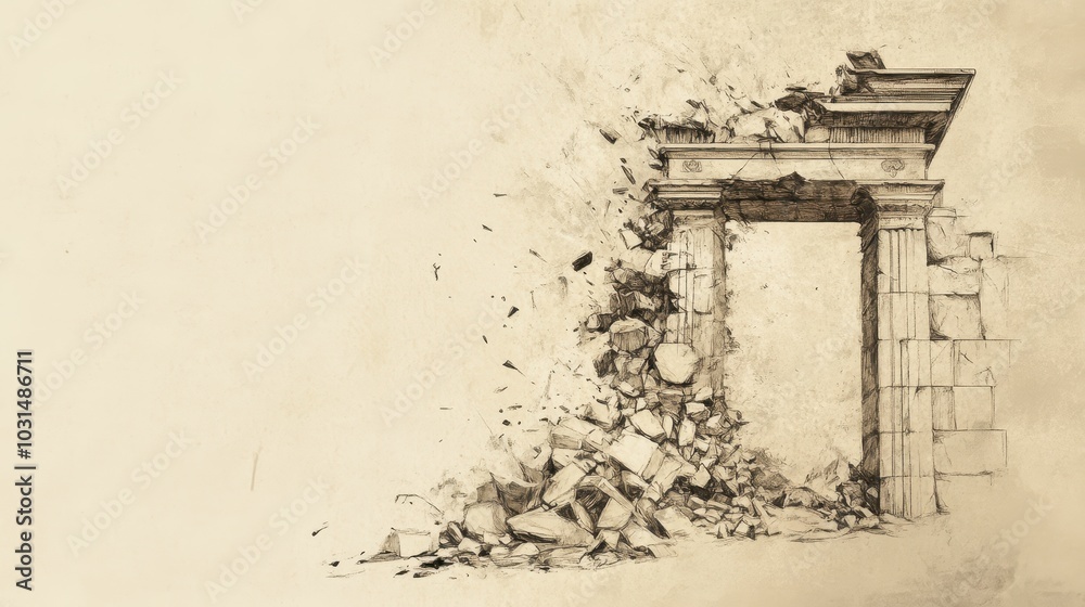 Fototapeta premium Shattered altar with remnants of broken idols scattered around ignored by the people in the midst of modern minimalist wall art