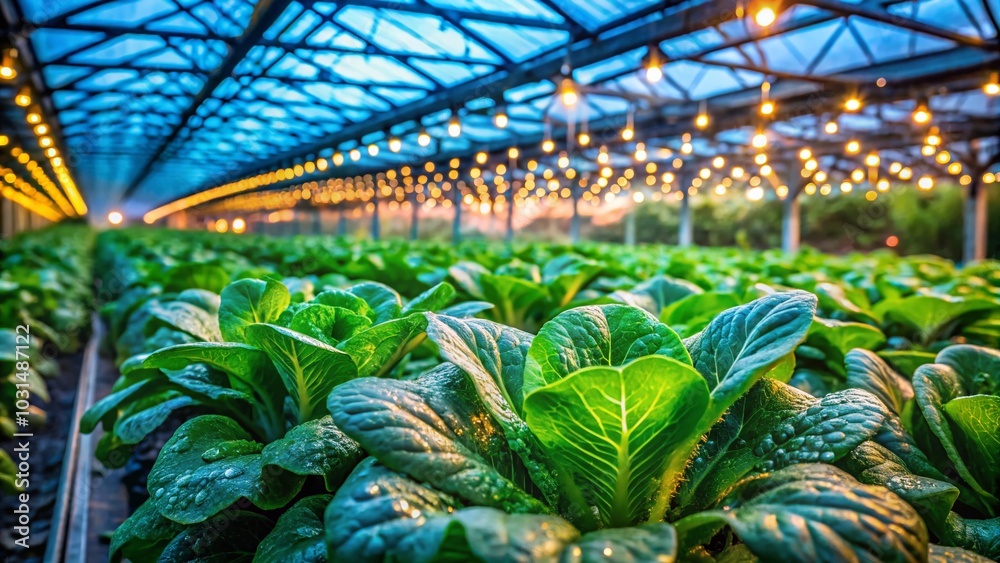 Fototapeta premium Macro Photography of Lush Greenhouse Rows Filled with Fresh Greens