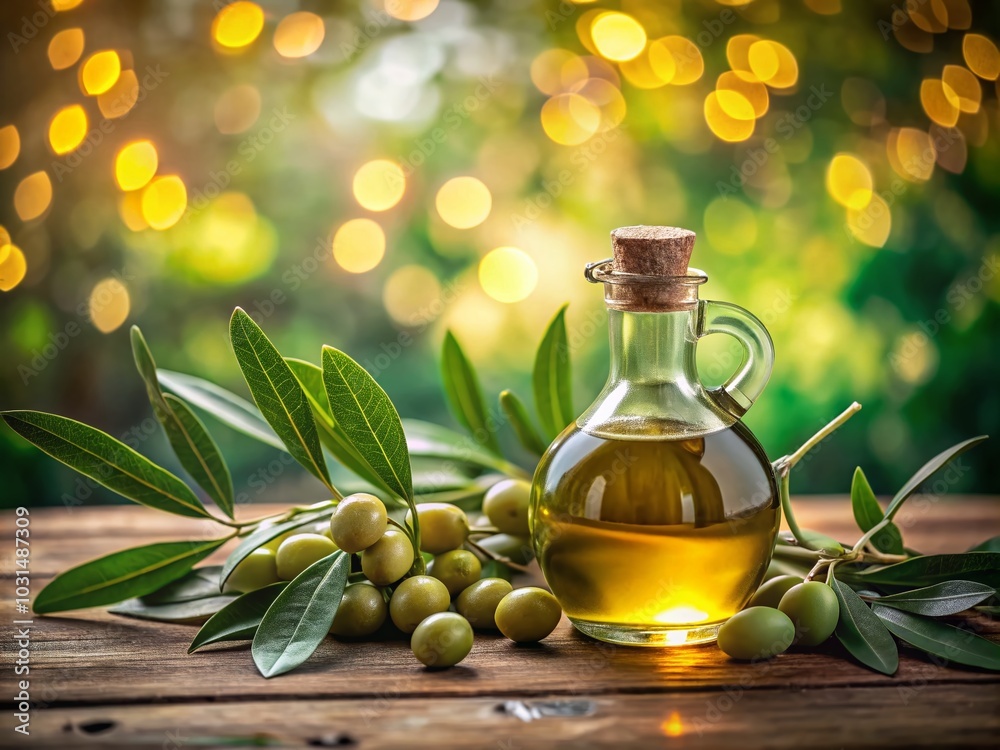 Macro Photography of Olive Oil Bottle with Fresh Olive Leaves on Rustic Table Macro Photography of Olive Oil Bottle with Fresh Olive Leaves on Rustic Table