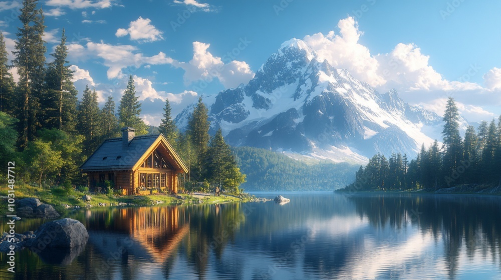 Fototapeta premium Serene mountain landscape with a cozy cabin by a tranquil lake.