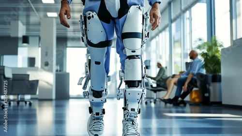 Wallpaper Mural A person wearing a white and gray robotic leg brace is walking down a hallway. People are seated in the background. Torontodigital.ca