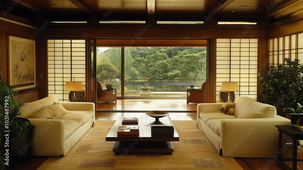 A modern living room interior with an Asian aesthetic. A luxury living room interior design with an Asian style. A modern living room interior with an Asian aesthetic. A luxury living room interior design with an Asian style.