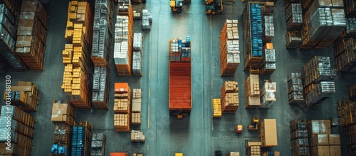 Aerial view of a warehouse with pallets of boxes, forklifts, and a delivery truck.