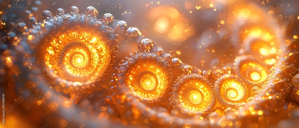 Abstract golden spirals with glowing centers and a bokeh effect in the background. Abstract golden spirals with glowing centers and a bokeh effect in the background.