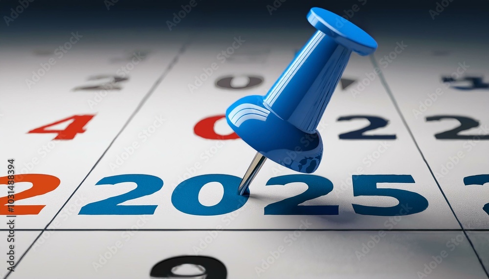 Blue pin on 2025 chart: This concisely conveys the central element of the image: a blue pin positioned on a chart with the year 2025 prominently displayed Blue pin on 2025 chart: This concisely conveys the central element of the image: a blue pin positioned on a chart with the year 2025 prominently displayed
