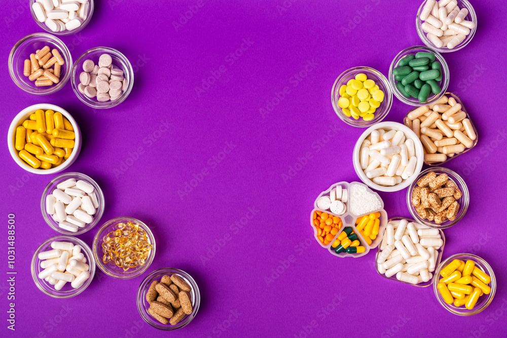Organic dietary supplements, many capsules of vitamins and minerals in small bowls from above on violet background. Nutritional supplements, pills and tablets, top view. Healthy lifestyle. Organic dietary supplements, many capsules of vitamins and minerals in small bowls from above on violet background. Nutritional supplements, pills and tablets, top view. Healthy lifestyle.