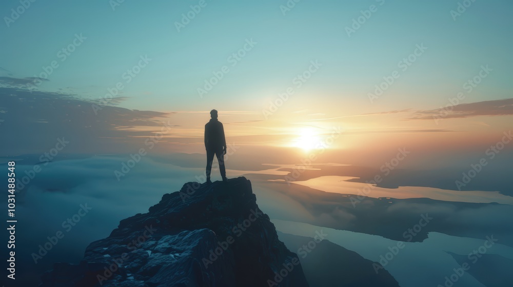 Fototapeta premium Man Standing on Mountain at Sunrise with Scenic View