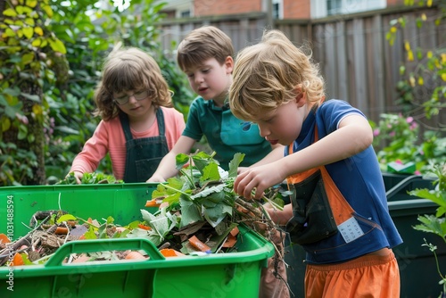Eco-Friendly Family: Children Assisting in Garden Waste Collection for Recycling at Home