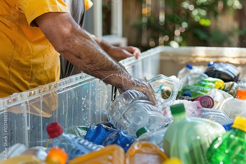 Eco-Friendly Practices at Home: Man Rinsing Recyclables for Waste Management photo