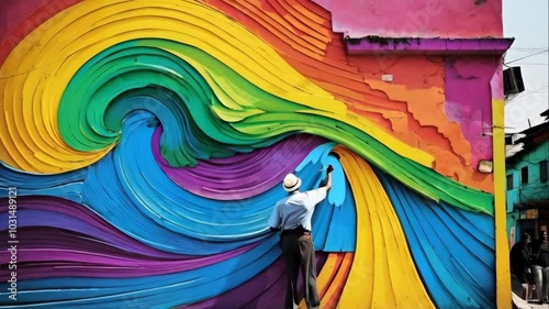 A man is painting a mural on the side of a building
