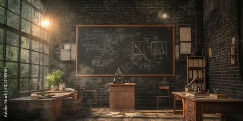 Vintage classroom with chalkboard and sunlight streaming through windows, capturing historic educational atmosphere in a rustic setting.