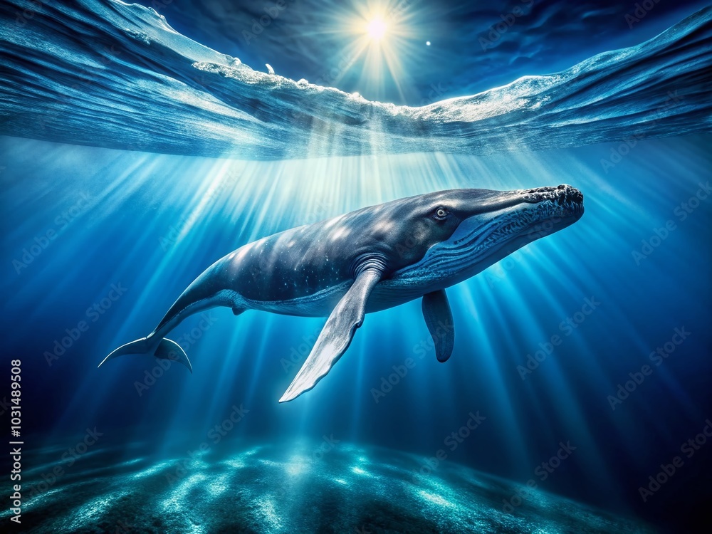 Naklejka premium Majestic Gentle Giant Whale Swimming in the Deep Ocean - Documentary Photography of Marine Life