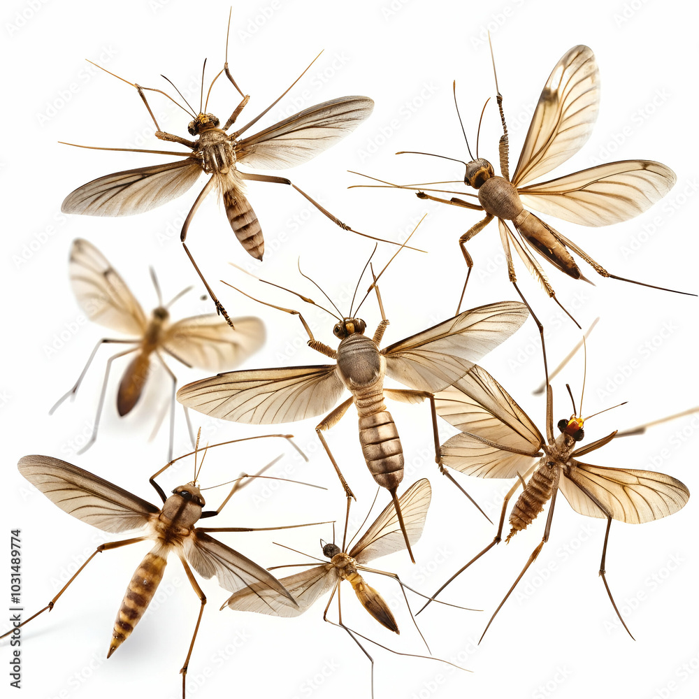 A group of flying mosquitoes is isolated on a clean white background, showcasing their delicate wings and intricate body details, ideal for educational use A group of flying mosquitoes is isolated on a clean white background, showcasing their delicate wings and intricate body details, ideal for educational use