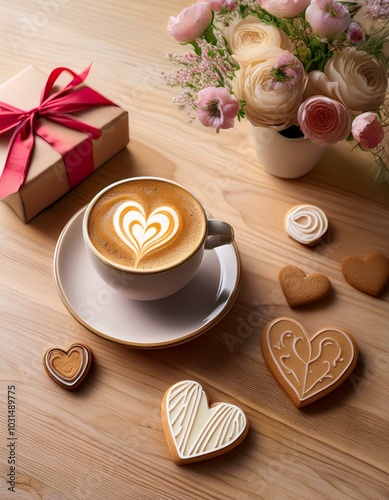 Una taza de café con espuma decorada con un arte en forma de corazón, sobre una mesa de madera clara, junto a un pequeño ramo de flores y unas galletas en forma de corazón.