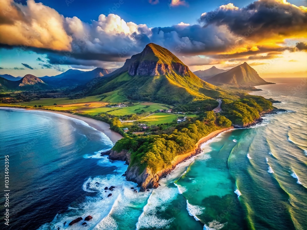 Obraz premium Majestic Mountain and Sea Landscape Under Dramatic Cloudy Sky - Perfect for Nature Lovers and Travel Enthusiasts