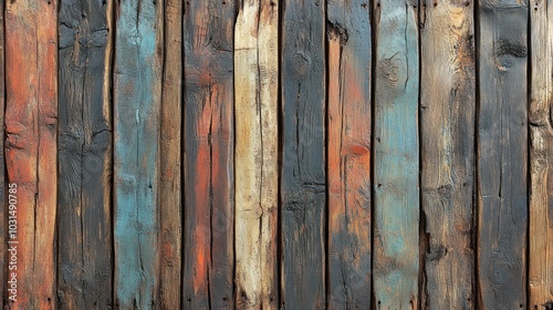 A textured wooden wall with various colors and weathered patterns.