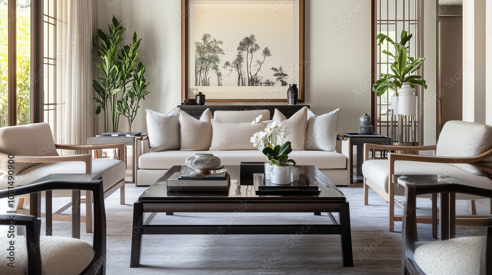 Fototapeta premium Modern living room interior, contemporary living room interior, living room with Asian aesthetic.
