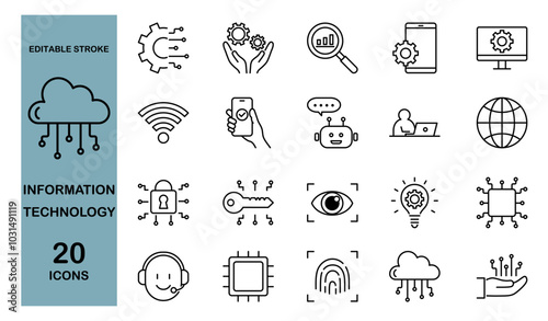Information technology linear icons set. IT network, data, internet, website. Vector Illustration, editable stroke