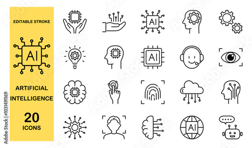 Set of artificial intelligence line icons. AI technology, digital, brain and  more. Editable stroke