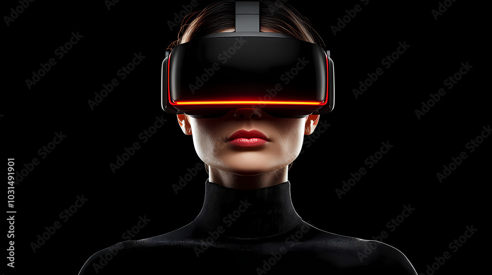 Woman using a VR headset with bright red lights Woman using a VR headset with bright red lights