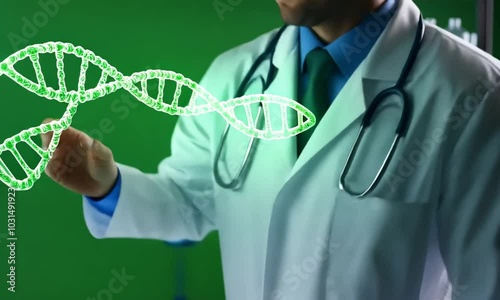 Doctor with a glowing green DNA helix in front of them photo