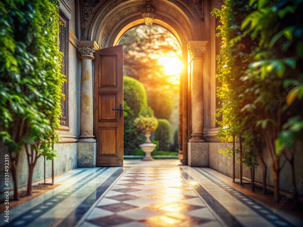 Fototapeta premium Marble Pathway Leading to an Elegant Door in a Tilt-Shift Perspective