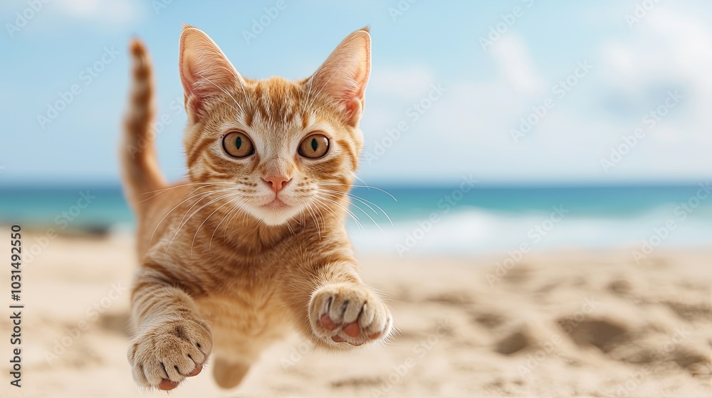Obraz premium A playful ginger cat leaps joyfully on a sandy beach with a bright ocean backdrop, capturing a moment of fun and adventure.