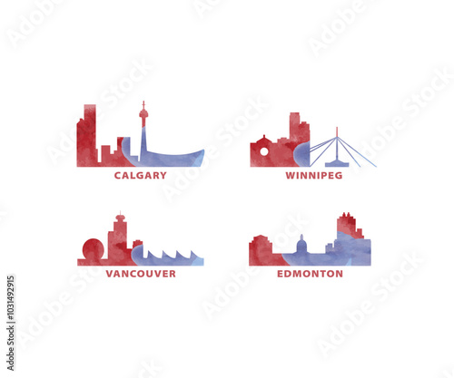 Canada cities skyline vector logo, icon set. Watercolor Calgary, Winnipeg, Vancouver, Edmonton silhouette. Isolated graphic collection of Alberta, British Columbia province