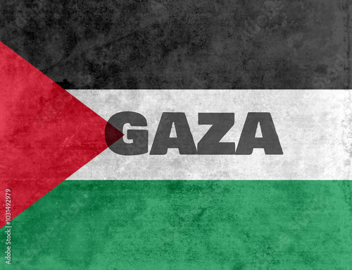 Damaged grunge flag of Palestine,with text Gaza