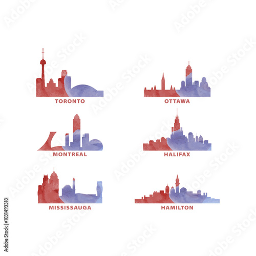 Canada cities skyline vector logo, icon set. Watercolor Toronto, Ottawa, Montreal, Halifax, Hamilton, Mississauga silhouette. Isolated graphic collection of Quebec, Ontario province