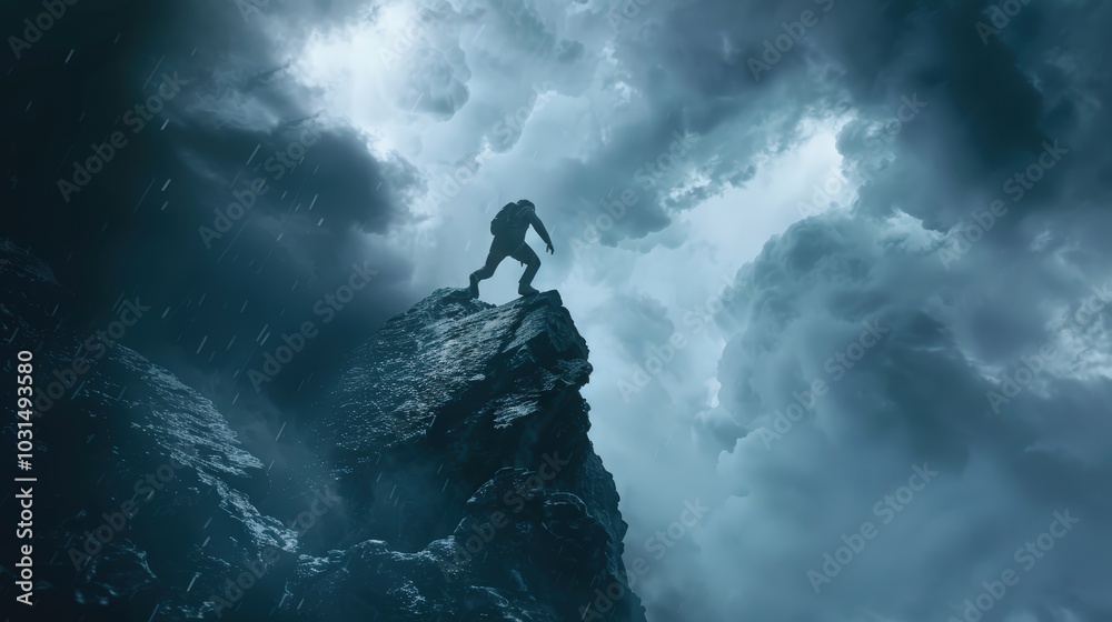 Fototapeta premium Struggling Climber Against Stormy Sky