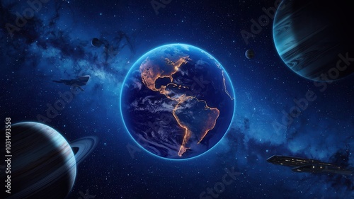Cosmic scene with blue glowing planet Earth and celestial bodies