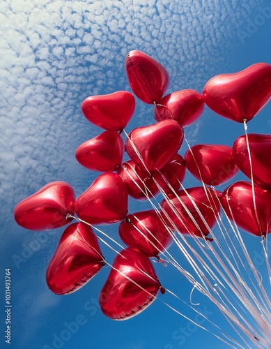 Globos rojos en forma de corazón, flotando en un cielo azul claro con nubes esponjosas.
