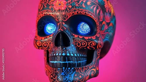 A decorated skull. It's painted with floral designs in orange, blue, and black. It has glowing blue eyes. photo