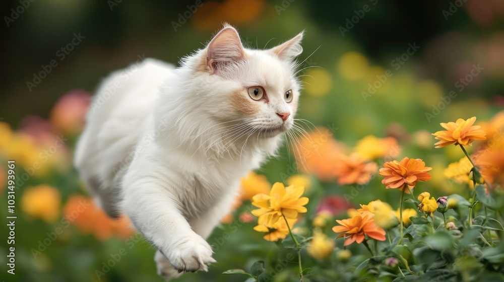 A fluffy white cat gracefully leaps through a vibrant garden filled with colorful flowers, embodying playfulness and natural beauty.