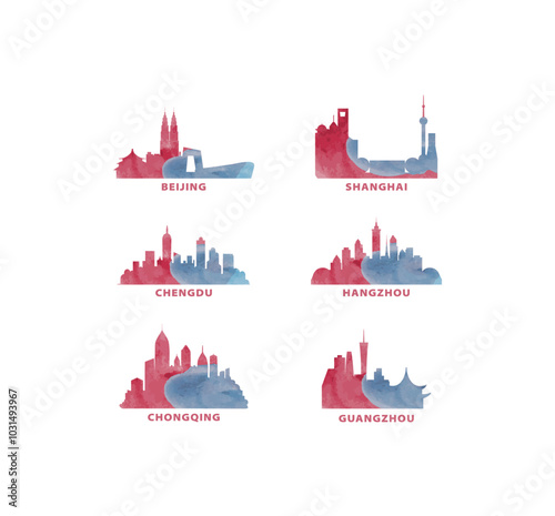 China cities skyline vector logo, icon set. Watercolor Beijing, Shanghai, Chengdu, Hangzhou, Chongqing, Guangzhou silhouette. Isolated graphic collection