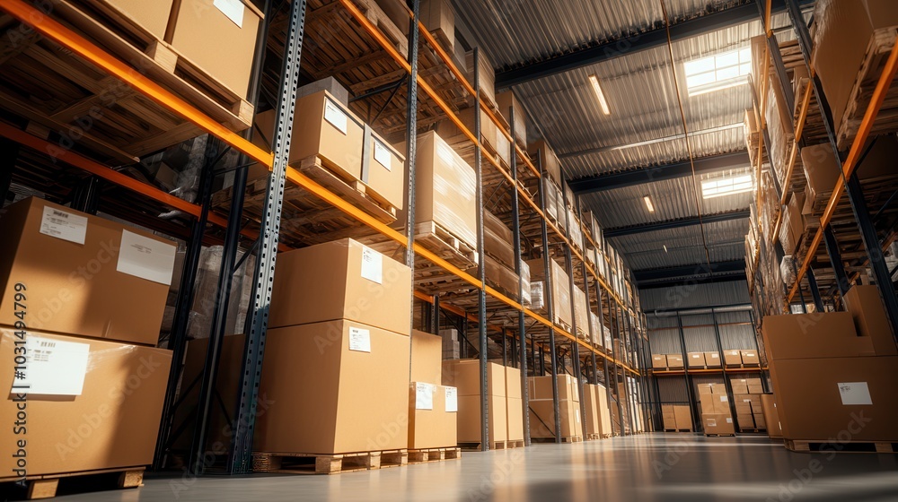 Warehouse interior filled with stacked boxes on shelves and bright overhead lighting. Warehouse interior filled with stacked boxes on shelves and bright overhead lighting.