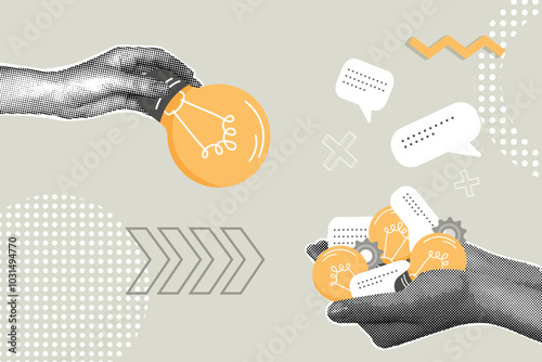 Contemporary halftone collage. Concept of success, survey, gathering ideas, opinion for improvement, discussion,communication. Modern business collage for design. Vector illustration
