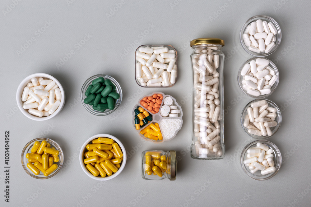 Organic dietary supplements, many capsules of vitamins and minerals in small bowls from above on grey background. Nutritional supplements, pills and tablets, top view. Healthy lifestyle. Organic dietary supplements, many capsules of vitamins and minerals in small bowls from above on grey background. Nutritional supplements, pills and tablets, top view. Healthy lifestyle.