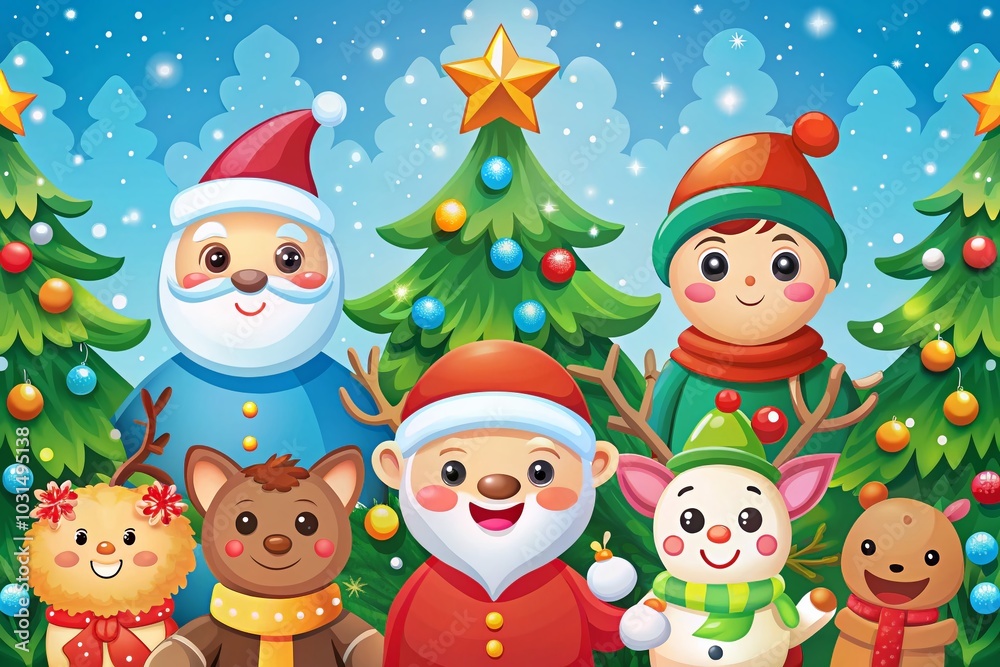 Merry Christmas Vector Greeting Card Template with Cute Cartoon Characters in Naive Art Style for Festive Designs and Merry Christmas Vector Greeting Card Template with Cute Cartoon Characters in Naive Art Style for Festive Designs and