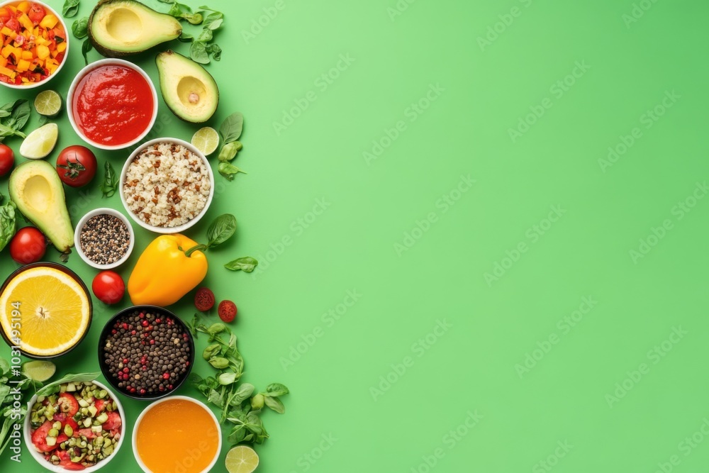 Colorful Vegan Meal Ingredients on Green Background Colorful Vegan Meal Ingredients on Green Background