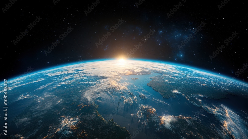 A panoramic view of Earth from space, showing the intricate patterns of continents, oceans, and swirling clouds. A panoramic view of Earth from space, showing the intricate patterns of continents, oceans, and swirling clouds.