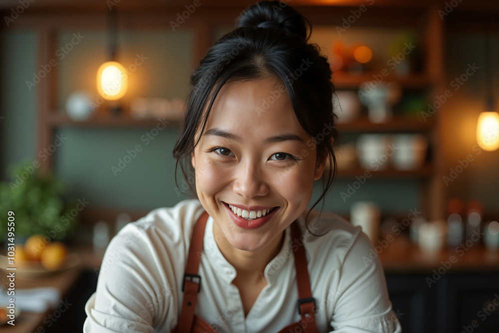 Smiling woman with a bun hairstyle, wearing a white shirt and brown apron, is likely a chef or cook in a kitchen setting. Smiling woman with a bun hairstyle, wearing a white shirt and brown apron, is likely a chef or cook in a kitchen setting.