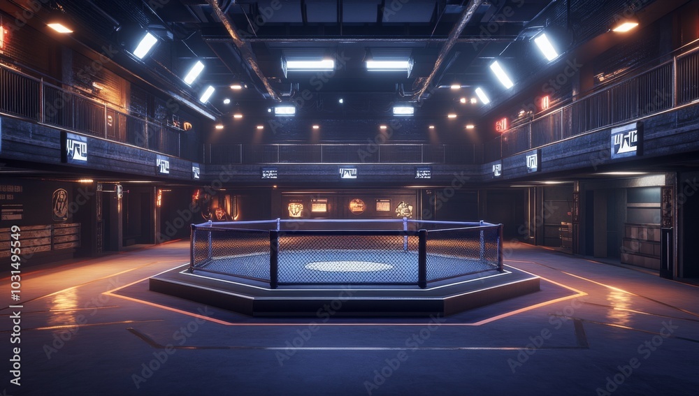 A dark, industrial space with a boxing ring in the center, lit by bright overhead lights. The ring is on a raised platform, surrounded by a railing and dark walls. A dark, industrial space with a boxing ring in the center, lit by bright overhead lights. The ring is on a raised platform, surrounded by a railing and dark walls.