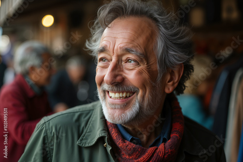 Smiling, gray-haired man wearing a red scarf and a green jacket is standing among other people, possibly at a social gathering or event.