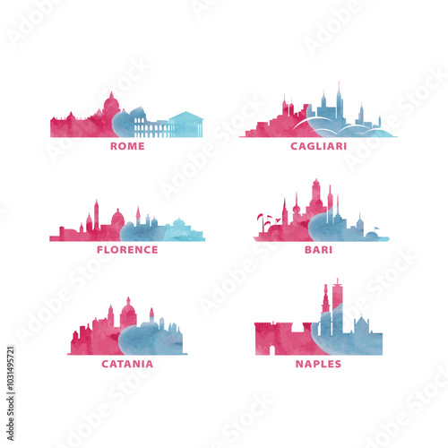 Italy cities skyline vector logo, icon set. Watercolor Rome, Florence, Cagliari, Bari, Catania, Naples silhouette. Isolated graphic collection