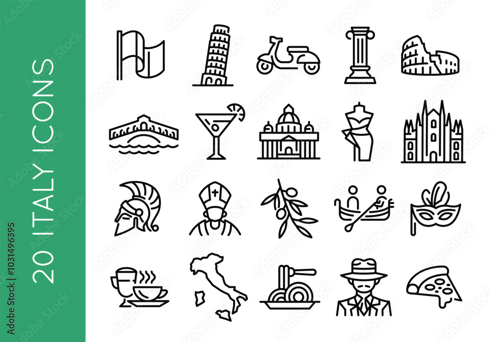 Naklejka premium Italy icons. Set of 20 trendy minimal icons representing iconic symbols of Italy. Example: Leaning Tower of Pisa, Vespa, Coliseum, Gondola, Pizza slice. Perfect for travel guides. Vector illustration